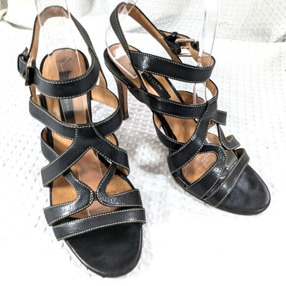 ANN TAYLOR! BLACK GENUINE FINE LEATHER, CONTRAST STITCHED STRAPPY HEELS! SZ 7M - Picture 10 of 10